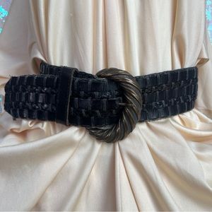 Large Gold Buckled Brown Woven Leather Belt